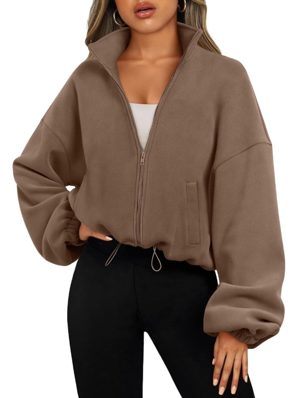Women's Coffee Long Sleeve ZIP Up Oversized Cropped Sweatshirt Fleece Jacket